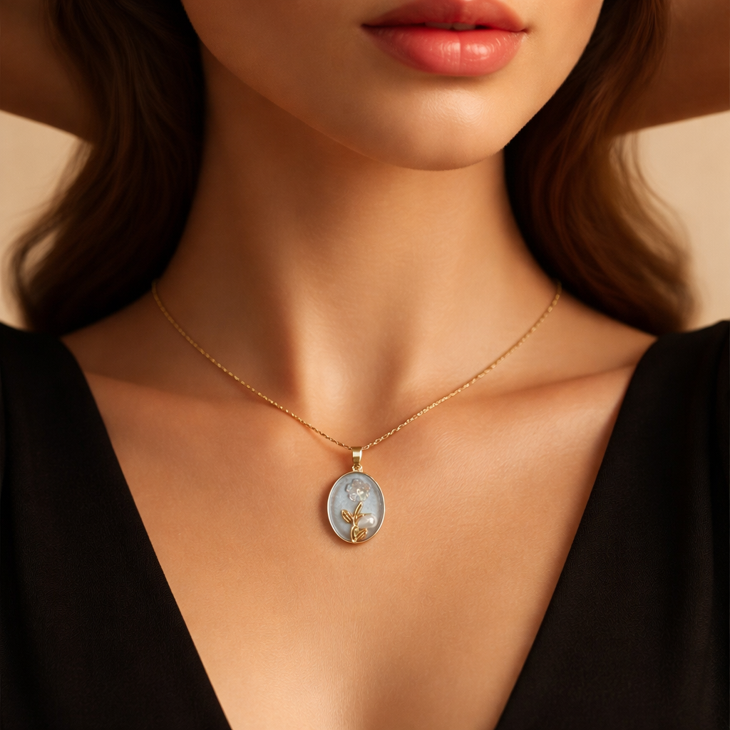 Enamel Floral Cameo Pendant Necklace in Gold