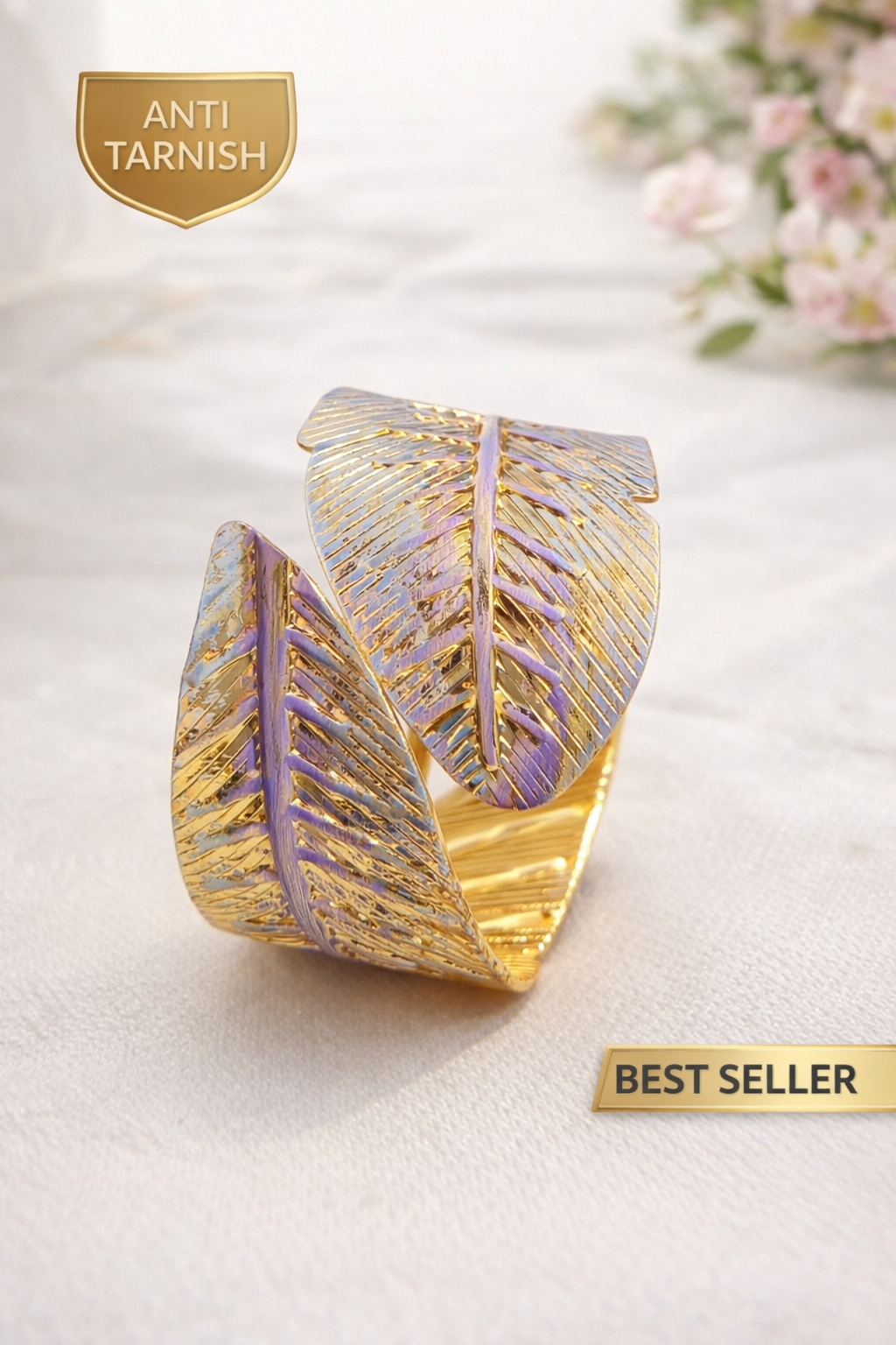 Leaf Design Gold-Tone Anti-Tarnish Open Kada