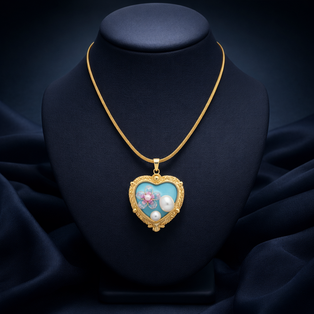 Heart Pearl & Floral Enamel Pendant Necklace