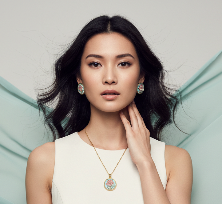 Blossom Elegance Enamel Necklace with Earring Set