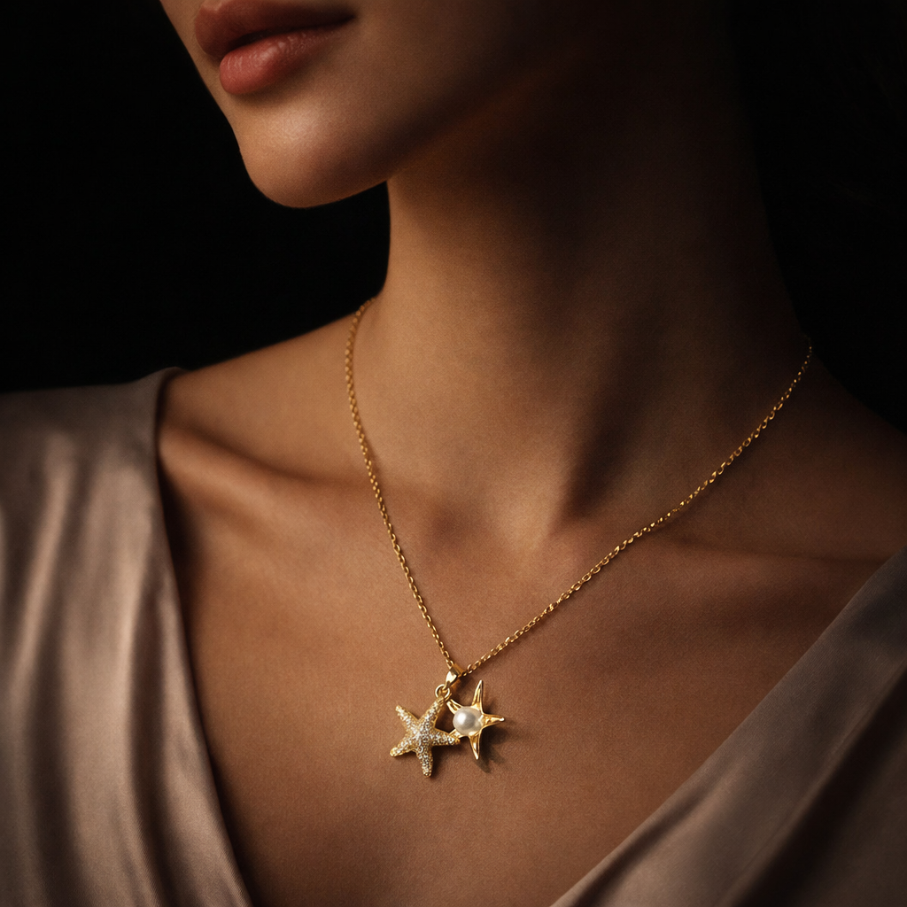 Dual Star Pearl Gold Pendant Necklace